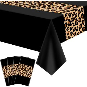 4 Pcs Leopard Print Party Tablecloth Decorations, Waterproof Rectangle Safari Animal Cheetah Table Cloths Leopard Tablecloth for Jungle Safari Animal Baby Shower Birthday Party Supplies, 52 x 86"