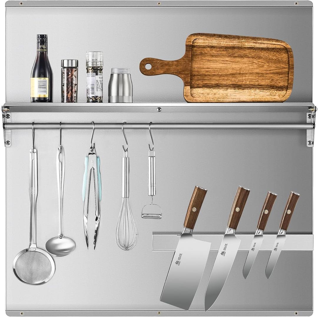 Wilprep Range Backsplash, 30"x30" Stainless Steel Backsplash with Storage Shelf & Magnetic Knife Rack, Range Hood Stainless Steel Backsplash for Stove, Range Hood Wall Shield with Pre-Drilled Holes