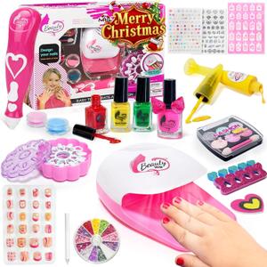 Kids Nail Polish Set for Girls, All in One Nail Art Kit with Nail Dryer/ Glitter Pen/ Nail Pen/ Pess On Nails/3D Nail Charms - Birthday and Christmas Gifts for Girls Ages 5-12