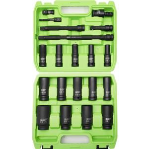 SUNHZMCKP 20 PCS 1/2" Impact Socket Set, Drive Deep 6 Point Socket Set, Including Standard SAE Sockets (3/8" to 1-1/4"), 3 ", 6", 10" Impact Extension Bar and Drill Socket Adapter, Cr-MO