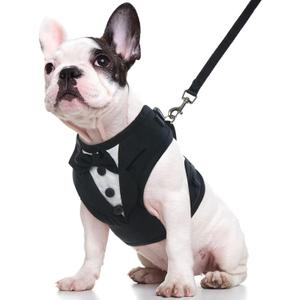Kuoser Dog Tuxedo Harness, Adjustable Pet Harness No Pull for Small Medium Dogs, Doggie Wedding Suit with Bow Tie Party Costume (Black) XS