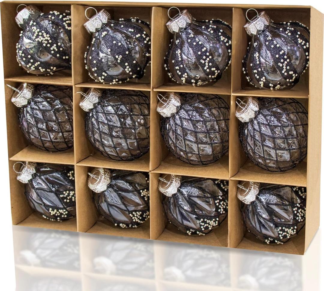 12 PCS Clear and Black Christmas Ball Ornaments, 80mm/3.15 Inches Rustic Farmhouse Christmas Decorations, Large Shatterproof Luxury Hand-Painted Xmas Ornaments for Christmas Tree, Wedding
