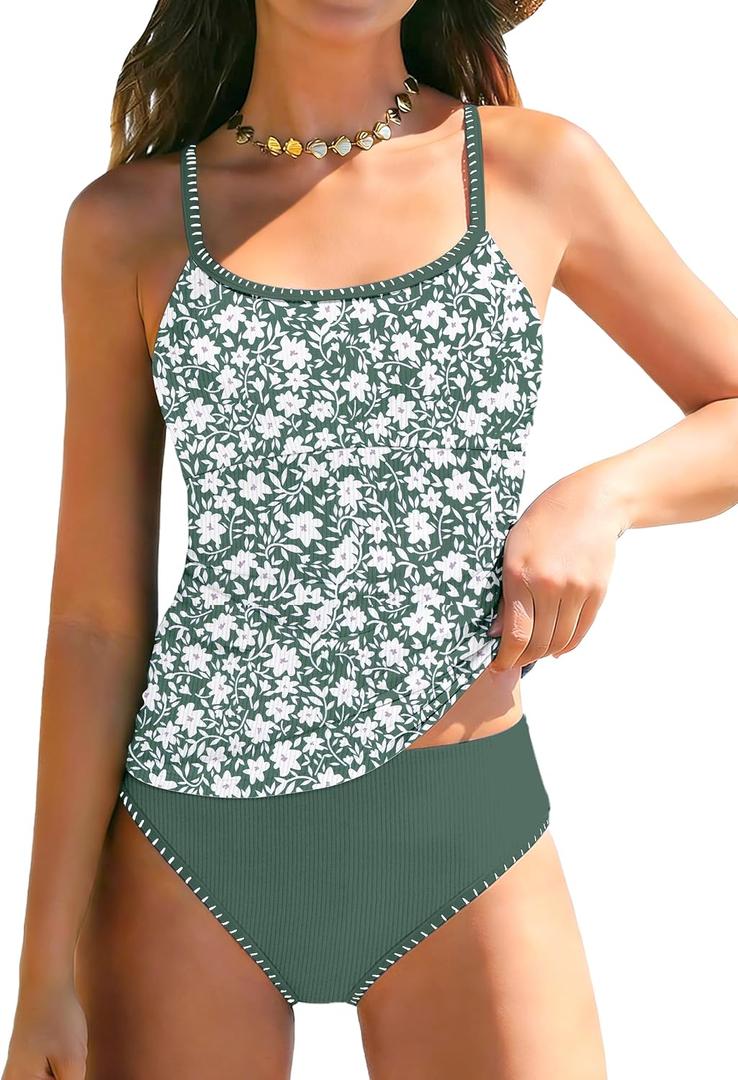 AGAPENG Girls Swimsuit Teen Swimsuits for Girls 12-14 Floral Print Tankini Swimsuit Contrast Trim 2 Piece Bathing Suit for Teen Girl Ruched Swimwear Adjustable Straps Pad Green 13-14 Years