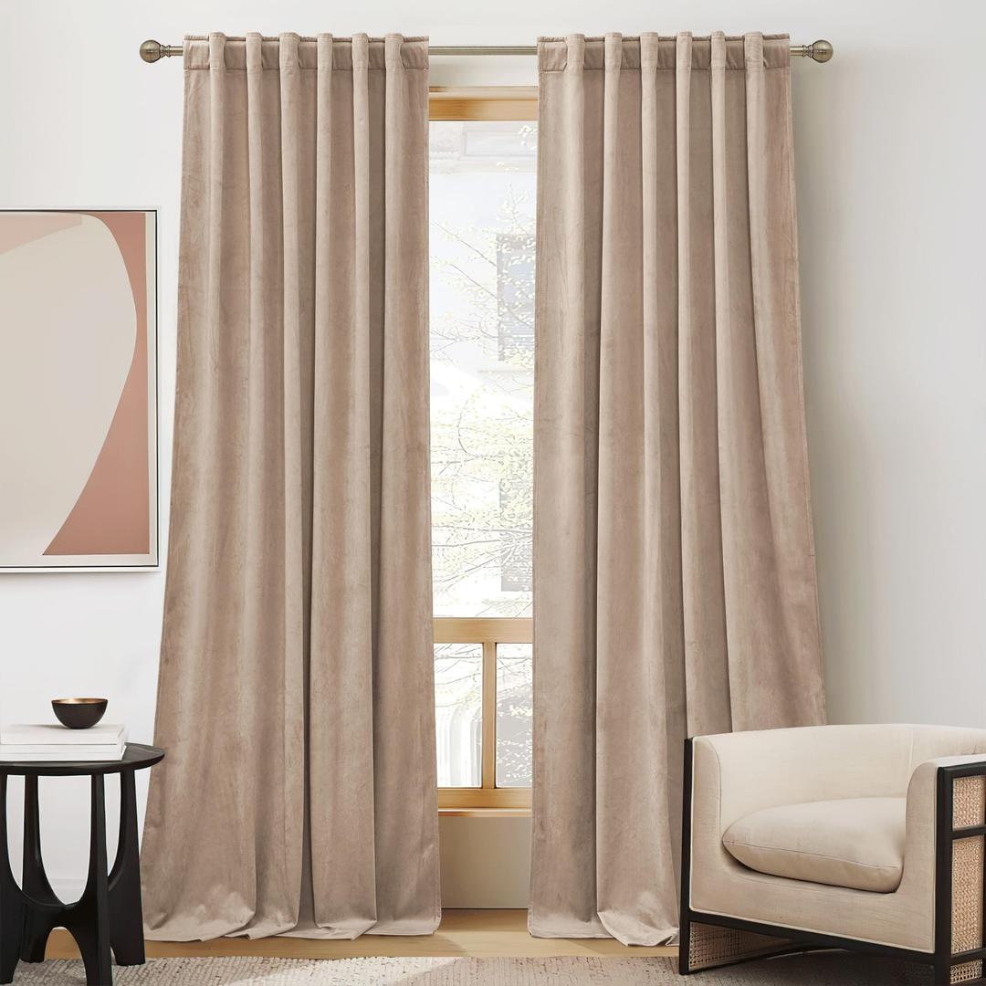 RYB Home Blush Velvet Curtains 96 inches - Back Tab Blackout Curtains for Nursery, Bedroom Window Panels, Thermal Insluted Drapes for Living Room, Wide 52 x Long 96, Blush, 2 Panels