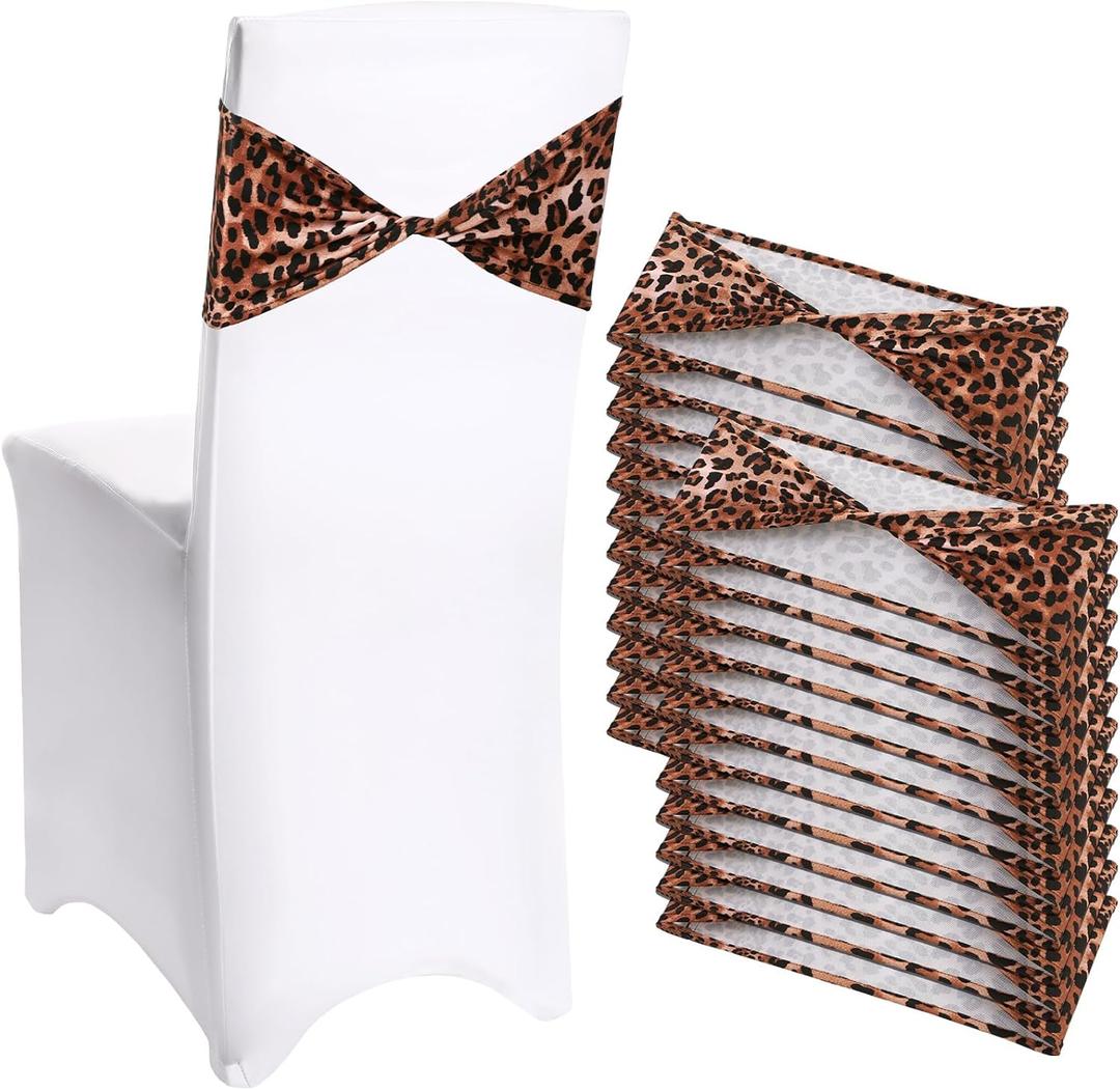 Newwiee 24 Pcs Spandex Chair Bands Animal Print Elastic Chair Sashes Bow Polyester Chair Cover Bands Ties Without Buckle for Animal Safari Jungle Theme Party Birthday Decor (Leopard Print)