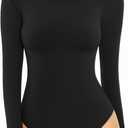 MANGOPOP Women's Crew Neck Short Sleeve Long Sleeve T Shirts Bodysuit Jumpsuit (B Long Sleeve Black, X-Small)