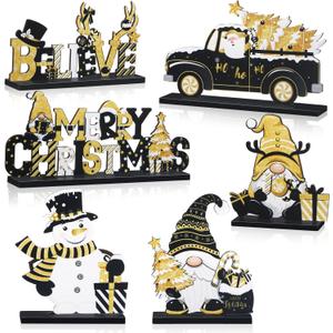 Capoda 6 Pcs Christmas Table Decorations Wooden Christmas Table Centerpieces Xmas Snowman Santa Claus Gnome Signs Merry Xmas Toppers for Holiday Party Supplies(Black, Gold)