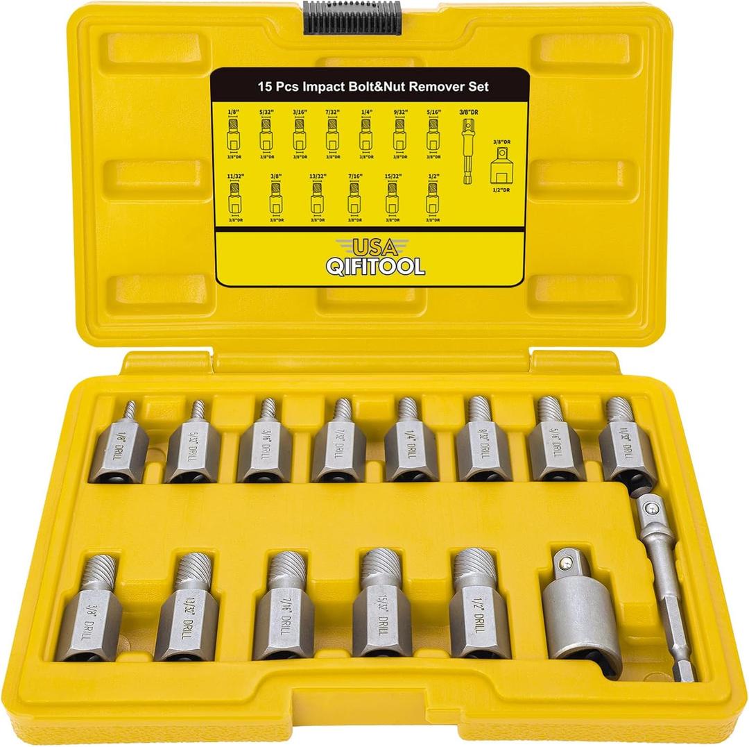 15 PCS Screw Extractor Set with 3/8" Inch Drive, Hex Head Multi-Spline Easy Out Allen Screw Extractor Kit Stripped Bolt Removal Tool for Removing Broken Rounded Rusted Bolts Screws Nuts(Yellow)