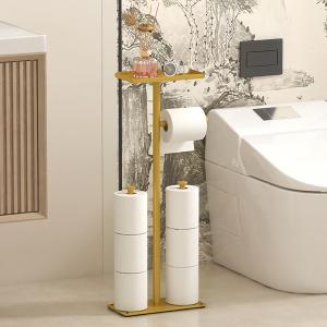 Modern Bathroom Toilet Paper Holder Stand with Storage Shelf, Gold Metal, 23.2 Inch Height, 4-Roll Storage, Freestanding Design