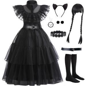 Black Dress for Kids Girls, Addams Family Cosplay Outfit Gothic Costumes for Halloween, Family Party, Birthday (4-5 Years, Black With Wig)