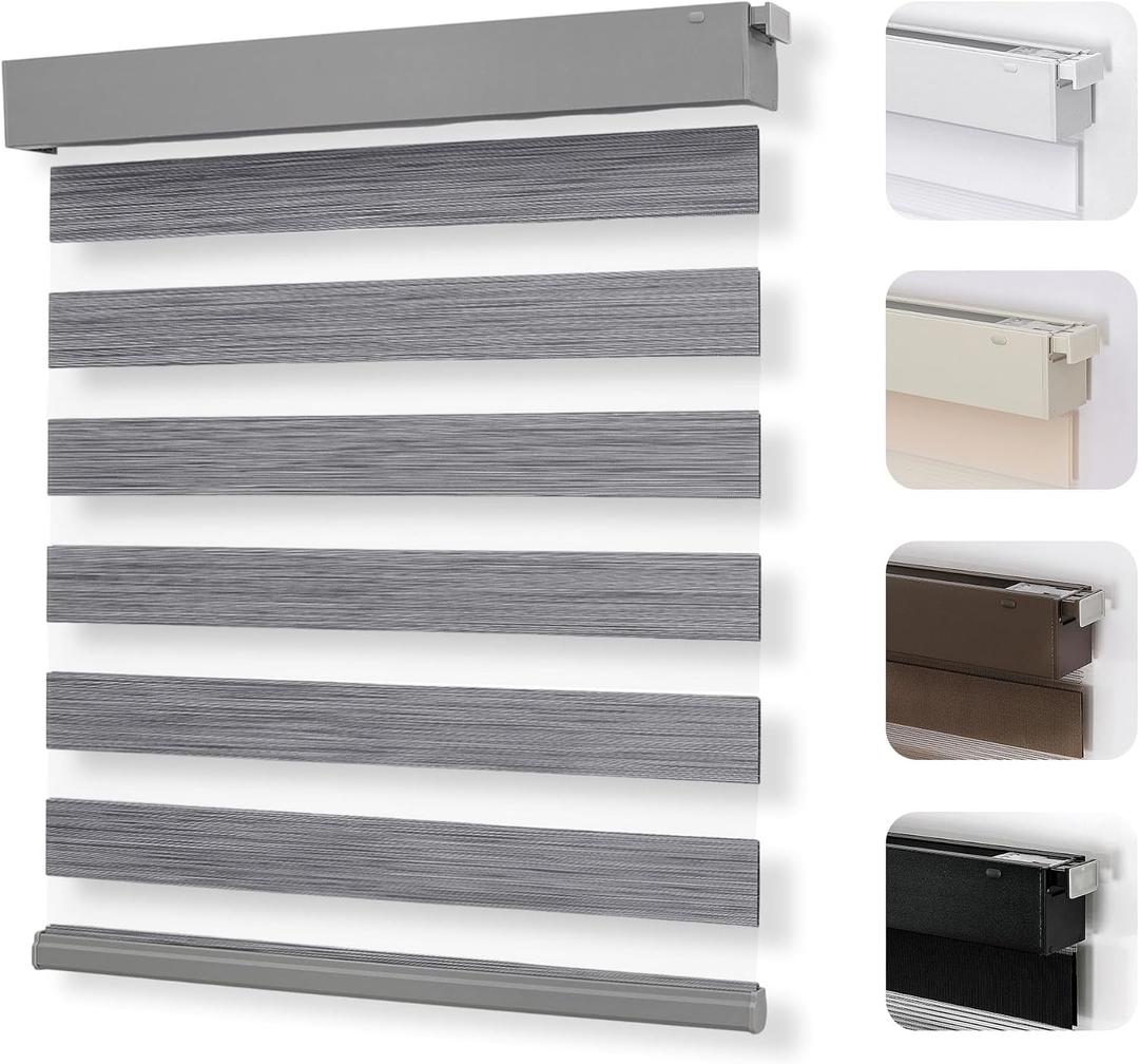Joydeco No Drill Zebra Blinds for Windows, Cordless Day & Night Dual Sheer Roller Shades, Easy Installation, Free-Stop Lift System, Light Filtering Privacy Blinds for Home(Grey,31" W x 75" H)