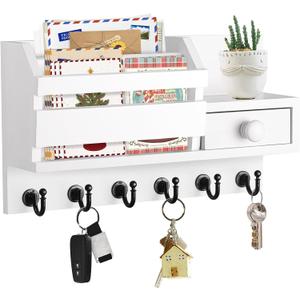 VIS'V Key Holder Wall Mount, Wooden Mail and Key Organizer with Drawer and Shelf, 2 Slots, 6 Hooks, White