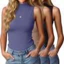 Ficerd 3 Pack Women's Sleeveless Tank Tops, Mock Neck Summer Shirts Slim Fit Stretch Basic Tops Lightweight Knit Tee (Large, Black, Haze Blue, Coffee)
