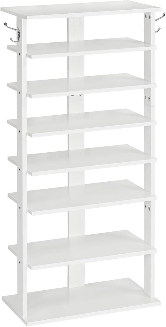 HOOBRO Vertical Shoe Rack, 8 Tier Wooden Shoe Storage Organizer with Hooks, Narrow Shoe Tower for 16 Pairs, Space Saving, for Entryway, Living Room, Bedroom, White WT750XJ01