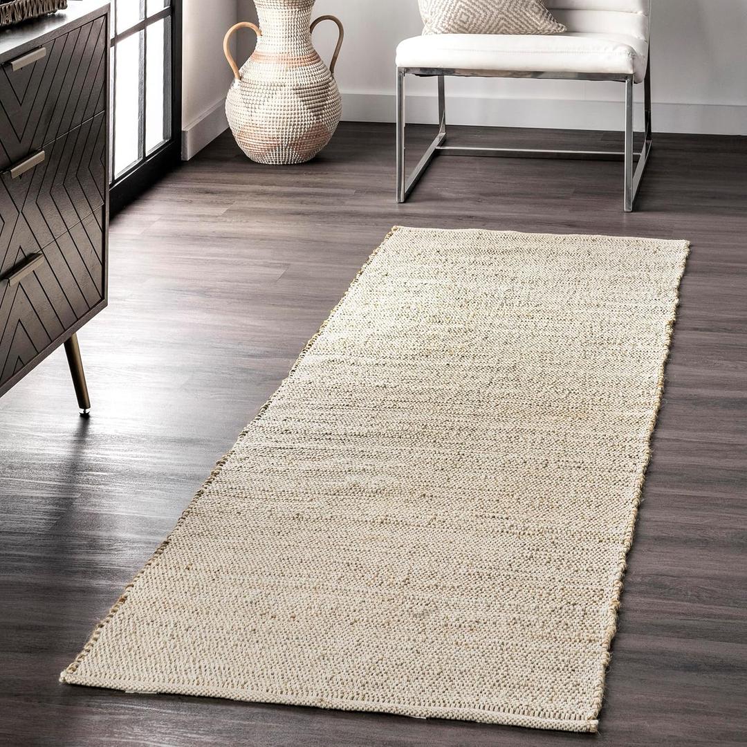 nuLOOM 2'6" x 10' Elfriede Jute & Cotton Hand Woven Area Rug, Natural, Solid Rustic Farmhouse Style, Weaved Design, Natural Fiber, For Bedroom, Living Room, Dining Room, Hallway, Office, Entryway