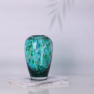 9" Tall Teal Vase Hand Blown Glass Vase Green, Modern Teal Home Table Centerpieces Wide Mouth Vases for Bud&Flower Decor - Ideal Living Room, Kitchen, Wedding, Dining Table, Office Center Table