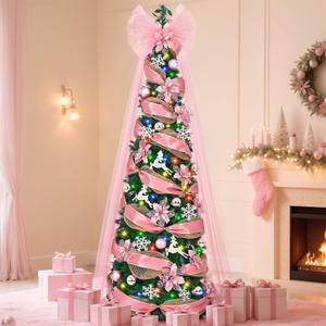 Uspring 6 FT Pop Up Christmas Tree with Lights, Artificial Collapsible Pink Christmas Trees with Remote Control & Colorful LED Light, Pre Decorated Surround Ribbon, Ball Ornaments, Holiday Party Decor