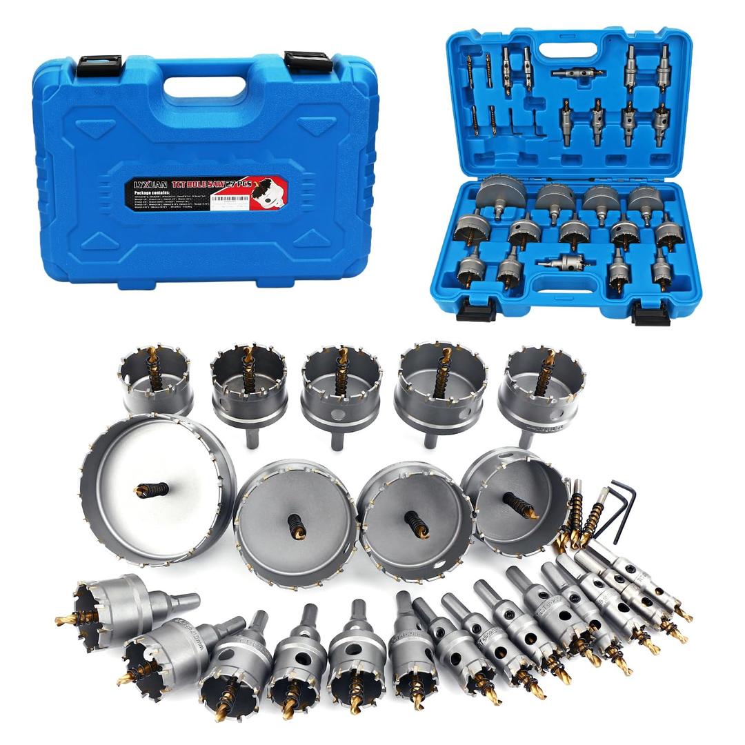 27PCS Hole Saw Kit with Drill Bits,33/64''to 3-15/16''Carbide Hole Saw Kit for Hard Metal, Alloy, Aluminum, Stainless Steel, Plastic, Iron