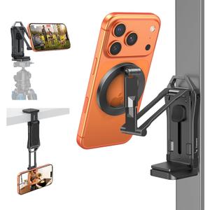 OMOTON TP02-Pro Magnetic Phone Holder for Vlogging, Content Creator Essentials with 1/4" Screw, Arca, Strong Back Magnet for Gym, Adjustable Phone Stand & Selfie Stick for iPhone 12-17 Series, Black