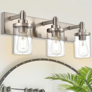 Modern Bathroom Vanity Lights,3-Lights Wall Sconce Lighting E26 Base Brushed Nickel Industrial Wall Light with Clear Glass Shade Bathroom Light Fixtures for Mirror Bedroom Kitchen Hallway