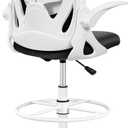 Primy Drafting Chair Tall Office Chair with Flip-up Armrests Executive Ergonomic Computer Standing Desk Chair with Lumbar Support and Adjustable Footrest Ring(White)