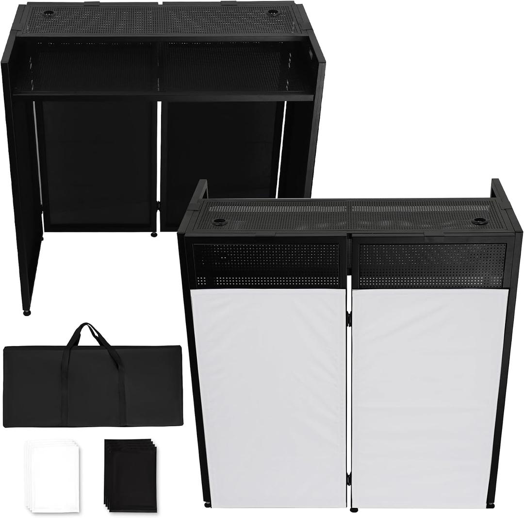 Neoaider DJ Facade Booth w/Double Top Desktop, DJ Booth Table Station with Black & White Scrims, Detachable DJ Table, Carrying Bag, Foldable Metal Frame DJ Booth Panel for Show, Wedding, Clubs