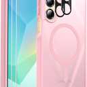 Ezanmull for Samsung Galaxy A16 5G Phone Case Magnetic Shockproof, [Fit for MagSafe] [Glass Screen Protector + Camera Lens Protector] Translucent Anti-Fingerprint (Pink)