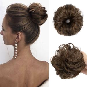 CJL HAIR 2PCs Small Cute Messy Bun Hair Piece for Thin Hair Women Mini Synthetic Curly Bun Scrunchies Updo Hairpieces Coffee Brown