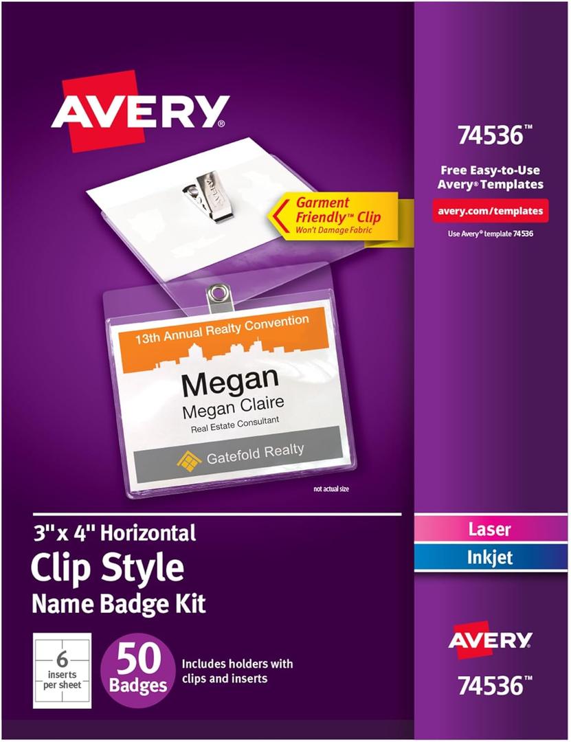 Avery Customizable Name Badges, Clip Style, 3" x 4", Clear Name Tag Holders, White Laser/Inkjet Printable Inserts, 50 Total (74536)