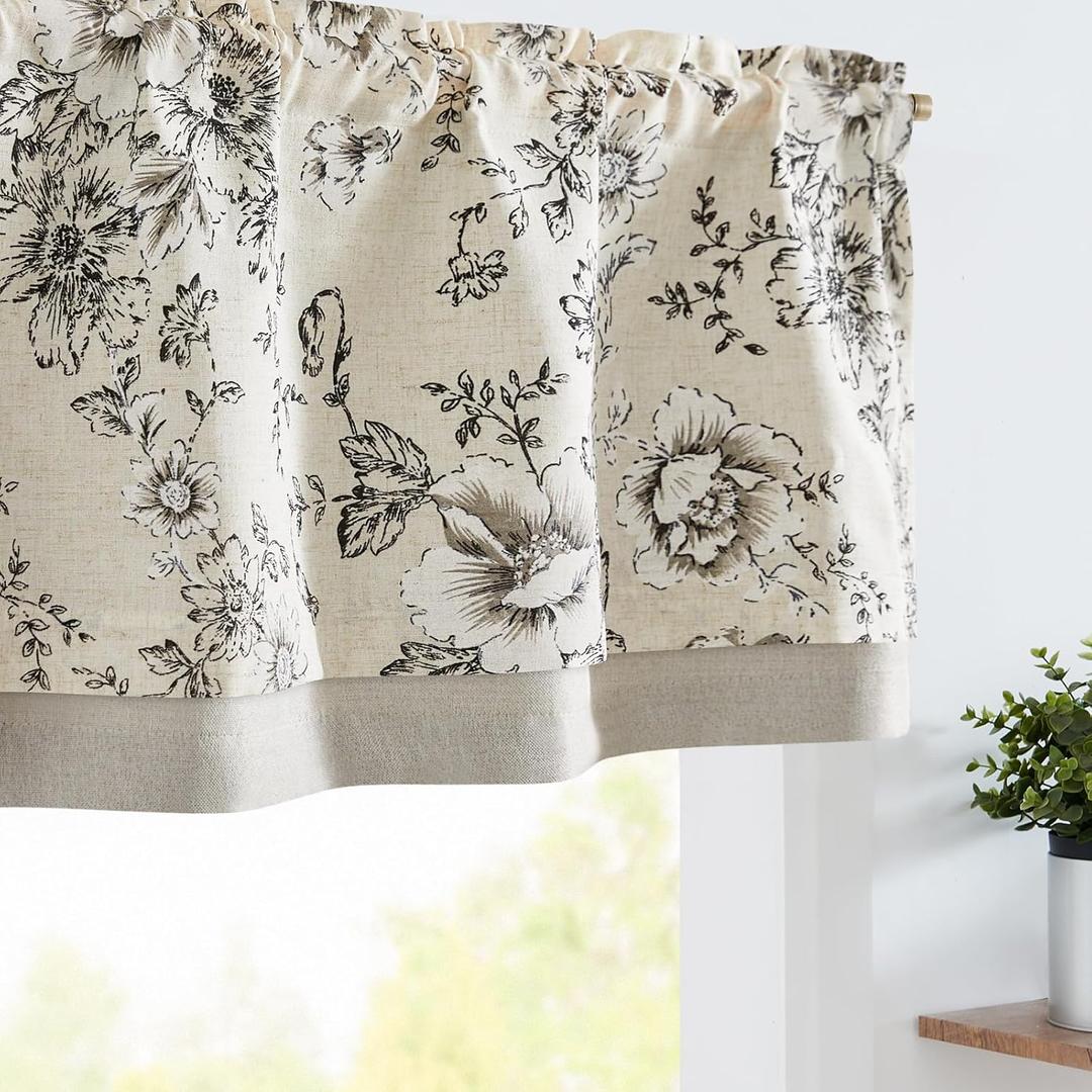 jinchan Linen Valance Curtain Farmhouse Black Floral Small Window Curtain Double Layer Light Filtering Fall Valance for Kitchen Rustic Biege for Living Room Bedroom 16 Inch Rod Pocket One Panel