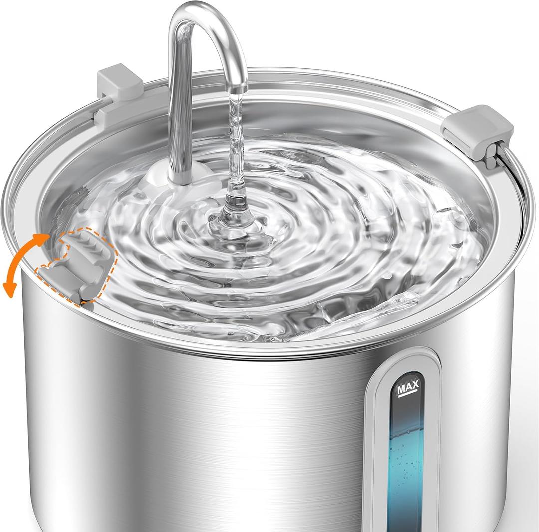 Oneisall 2L Stainless Steel Cat Water Fountain with Snap, Anti-Spill Cats Water Fountains with Quiet Pump,Continuous Fresh Water Supply,Pet Water Fountain for Single Kitty & Small Pets