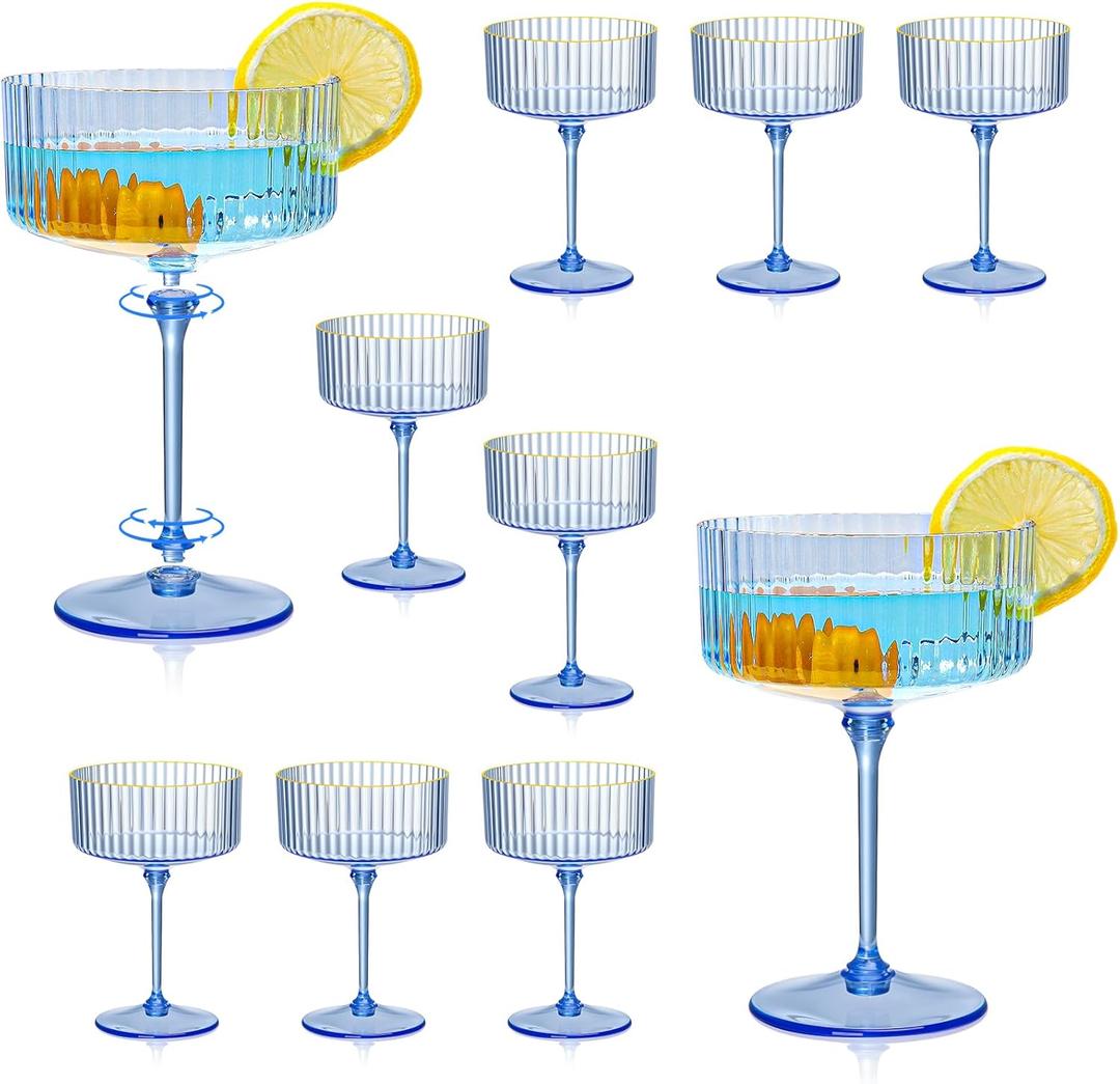 XUWAIDSGN 12 Pcs Champagne Martini Glasses 9 Oz with Gilded Removable Gold Rim Coupe Glasses Pink Martini Glasses Plastic Mimosa Vintage Coupe Glasses Set For Wedding Anniversary (12, Clear Blue)