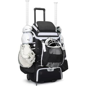 KAVIGOR Catchers Gear Bag with Wheels, 90L Rolling Baseball/Softball Bag Holds 2 Sets of Gear with Glove Compartment, Helmet Holder & Shoe Compartment