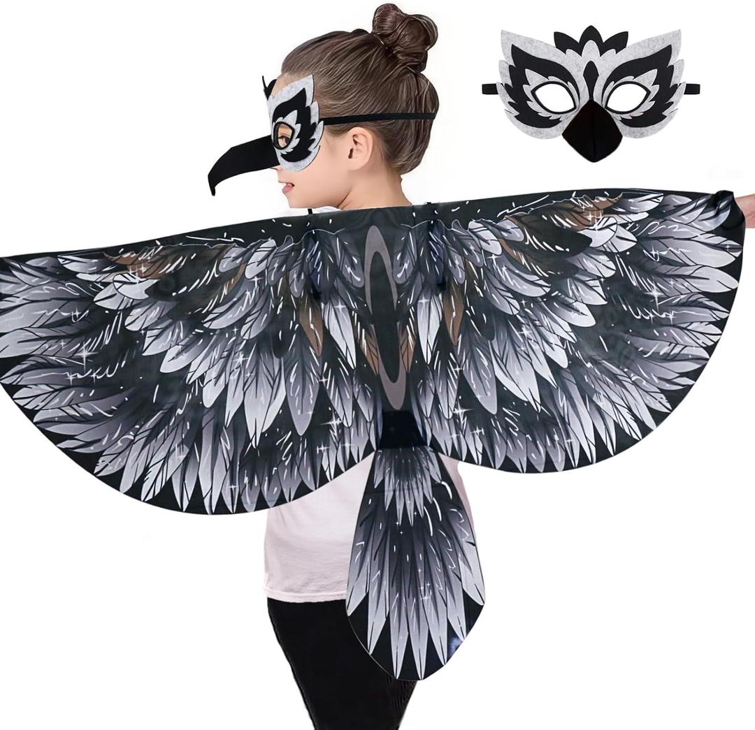 iROLEWIN Bird-Costume-Eagle-Wings for Kids Headband Parrot Owl Dress Up Toys Christmas Birthday Gifts for Girls Boys 3+ (Black)