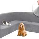 ALIECOM Velvet Stretch Sectional Couch Covers L Shape Corner Sofa Cover Washable Soft Thick U Shaped Sofa Slipcovers for Dogs Pets Magic Furniture Protector with Non Slip Foam (Medium Grey, X-Large)