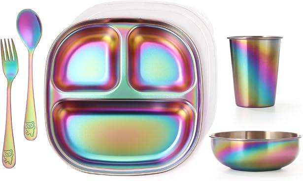 AIEVE Stainless Steel Kids Plates and Bowls, 5 Pcs Kids Dinnerware Set Includes Stainless Steel Toddler Plate with Lid, Utensils, Cup and Bowl