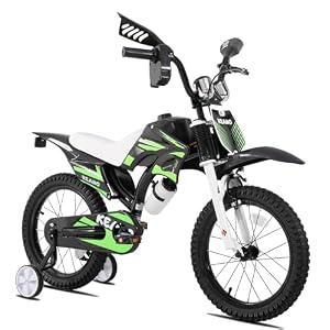 KEANO Motocross Style Kids Bike for Boys Girls Ages 4-7 Years, 16 Inch Bikes with Training Wheels and Number Plate, Toddler Bike Children Bicycles Green