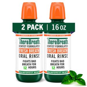TheraBreath Fresh Breath Mouthwash, Rainforest Mint, Alcohol-Free, 16 Fl Oz (2-Pack) (16 Fl Oz (Pack of 2))