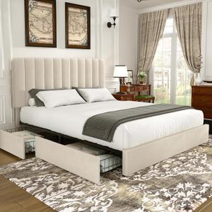 VECELO King Size Upholstered Bed Frame with 4 Drawers and Headboard, Velvet Platform Storage Bedframe, Wooden Slats Support, No Box Spring Needed,Bone Beige