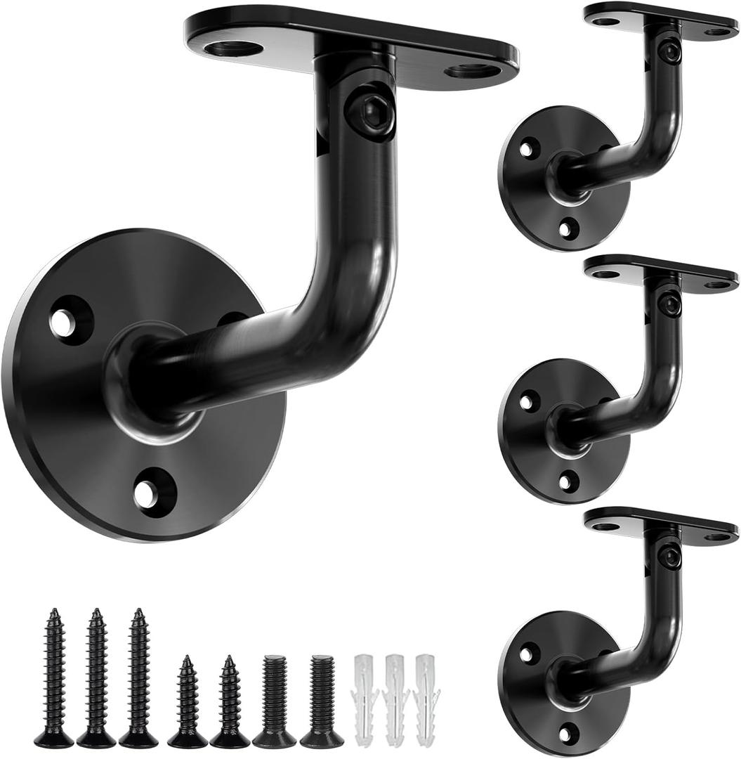 304 Stainless Steel Handrail Brackets for Indoor Stairs, 270° Adjustable Railing Bracket, Heavy Duty Wall Mount for Square & Flat Rail (Black, 4 Pack)