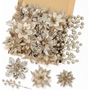 Christmas Poinsettia Artificial Flowers & Glitter Berries Stems Kit 24Pcs Christmas Tree Decorations Floral Picks Christmas Tree Filler Ornaments for Home Party Xmas Decor