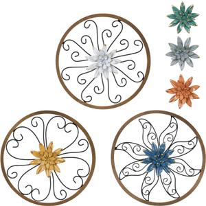 hogardeck Metal Flower Wall Decor - 3 pcs 11" Metal Wood Floral Wall Decoration with 6 Piece Interchangeable Flowers, Hanging Rustic Wall Art for Bedroom, Living Room, Bathroom, Kitchen (HGMD-2222)