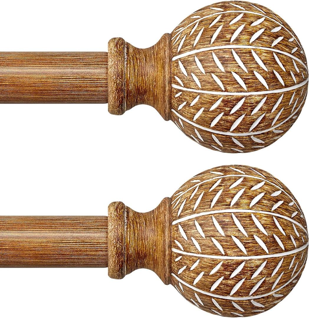 2 Pack Wood Curtain Rods for Windows 66 to 120 Inch,1'' Diameter Drapery Rods with Imitation Wood Grain Leaf Pattern Finials,Boho Adjustable Heavy Duty Curtain Rods Set,36-120'',Natural Wood