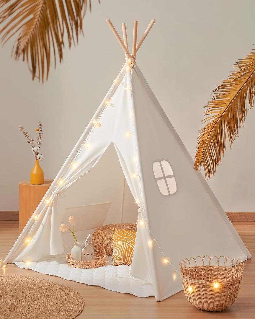 Tiny Land Teepee Tent for Kids  100% Cotton Play Tent with Padded Mat & Star Lights, Foldable with Carry Bag, Indoor Play Tent for Girls & Boys