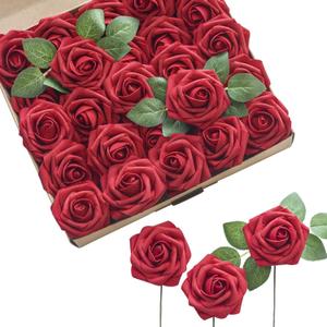 Ling's Moment Christmas Artificial Flowers 25Pcs Dark Red Roses Decor w/Stems,3" DIY Foam Floral for Wedding Bouquet/Centerpieces, Outdoors Party Backdrop, Room/Table Decorations