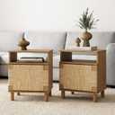 Nathan James Beacon Wood Nightstand, Bohemian Accent Table or Sofa Side Table with Seagrass Door for Bedroom or Living Room, Light Brown, Set of 2
