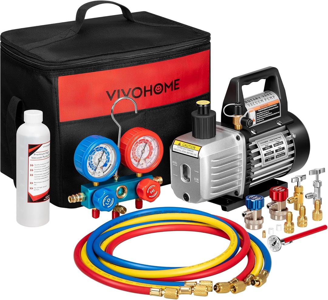 VIVOHOME 110V 1/4 HP 3.5CFM Single Stage Rotary Vane Air Vacuum Pump and AC Manifold Gauge Set Kit with Thermometer for R134a R12 R22 R502 R410a HVAC Air Conditioning Refrigeration Recharging, Black