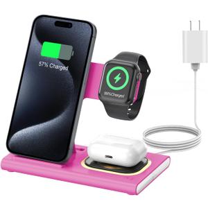 3 in 1 Charging Station for iPhone 17 - Wireless Charger for Apple Devices for iPhone 17 16 15 14 13 12 11 Pro Max - Foldable Wireless Charging Station Dock Stand for Apple Watch Series & AirPods (Rose Pink)