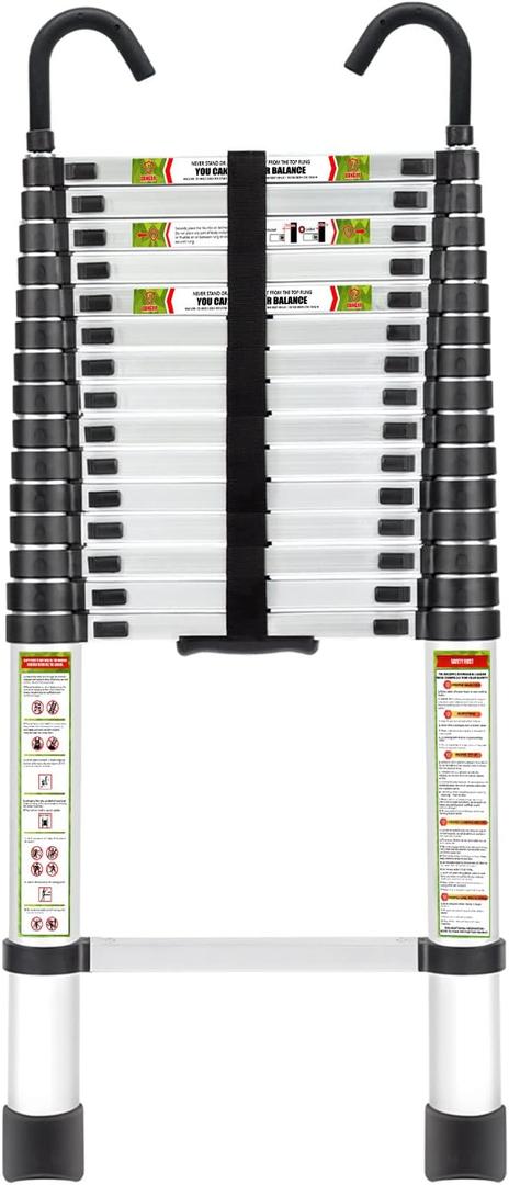 RIKADE Telescopic Ladder, 20.3 ft Aluminum Telescoping Ladder with Stable Hook and Non-Slip Feet, Portable Extension Ladder for Household and Outdoor Working, Max Load 330 lb, Aluminum
