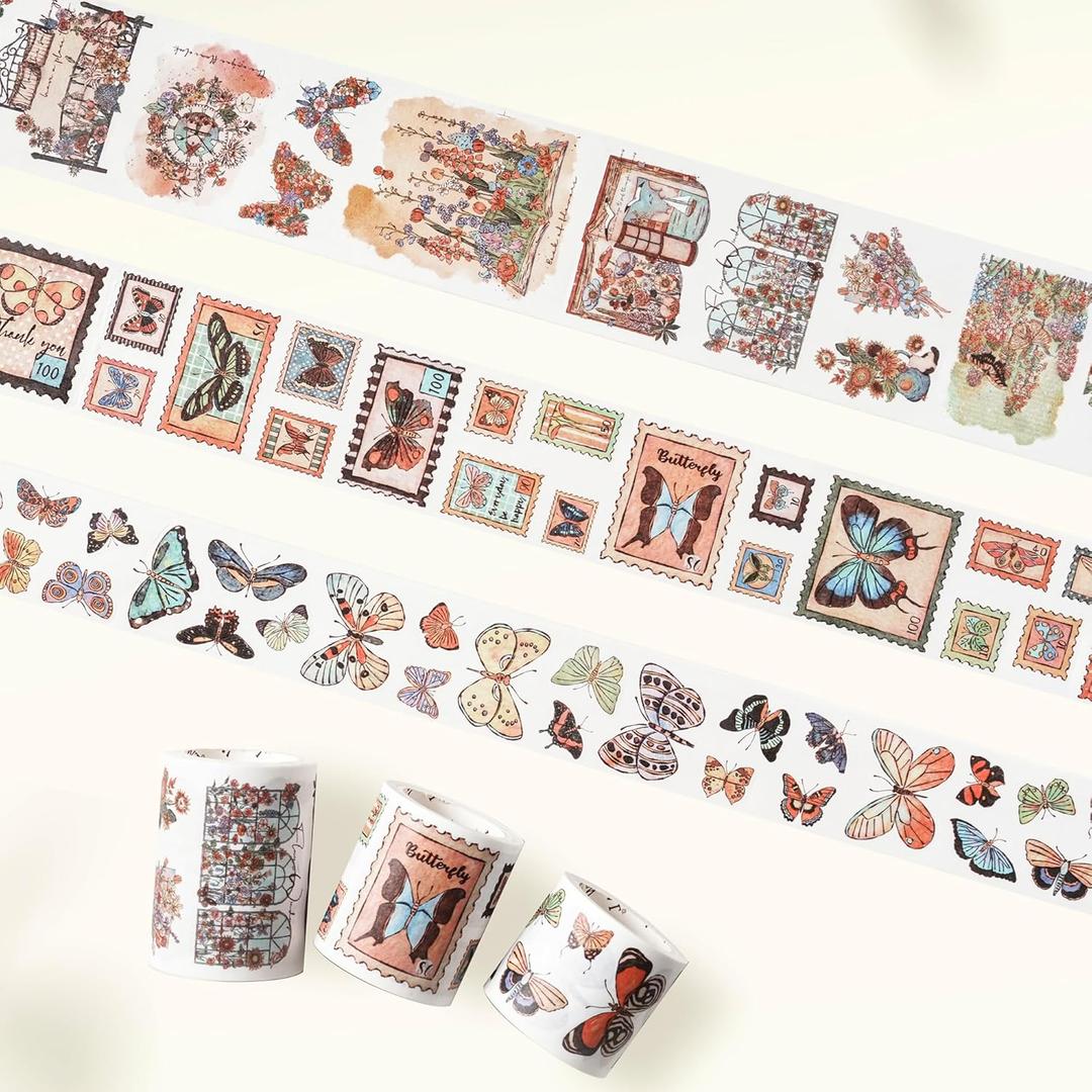 WT Stamped Wings Washi Tape Sticker Set  3 Rolls Decorative Butterfly & Wing Washi Sticker Tape, Vintage Adhesive Tape for Journaling, Scrapbooking, Planner, DIY Crafts & Wrapping (40mm, 50mm, 60mm)